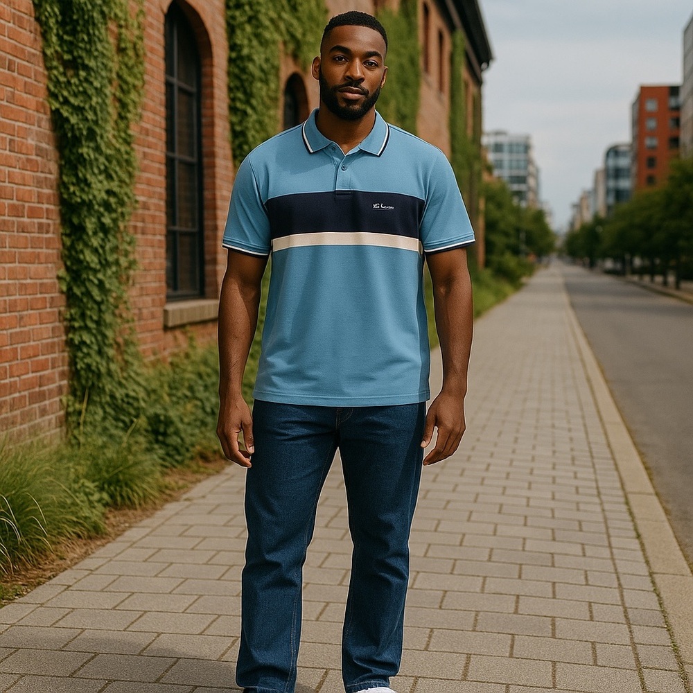 Ben Sherman Light Blue Polo with Navy and Cream Stripes